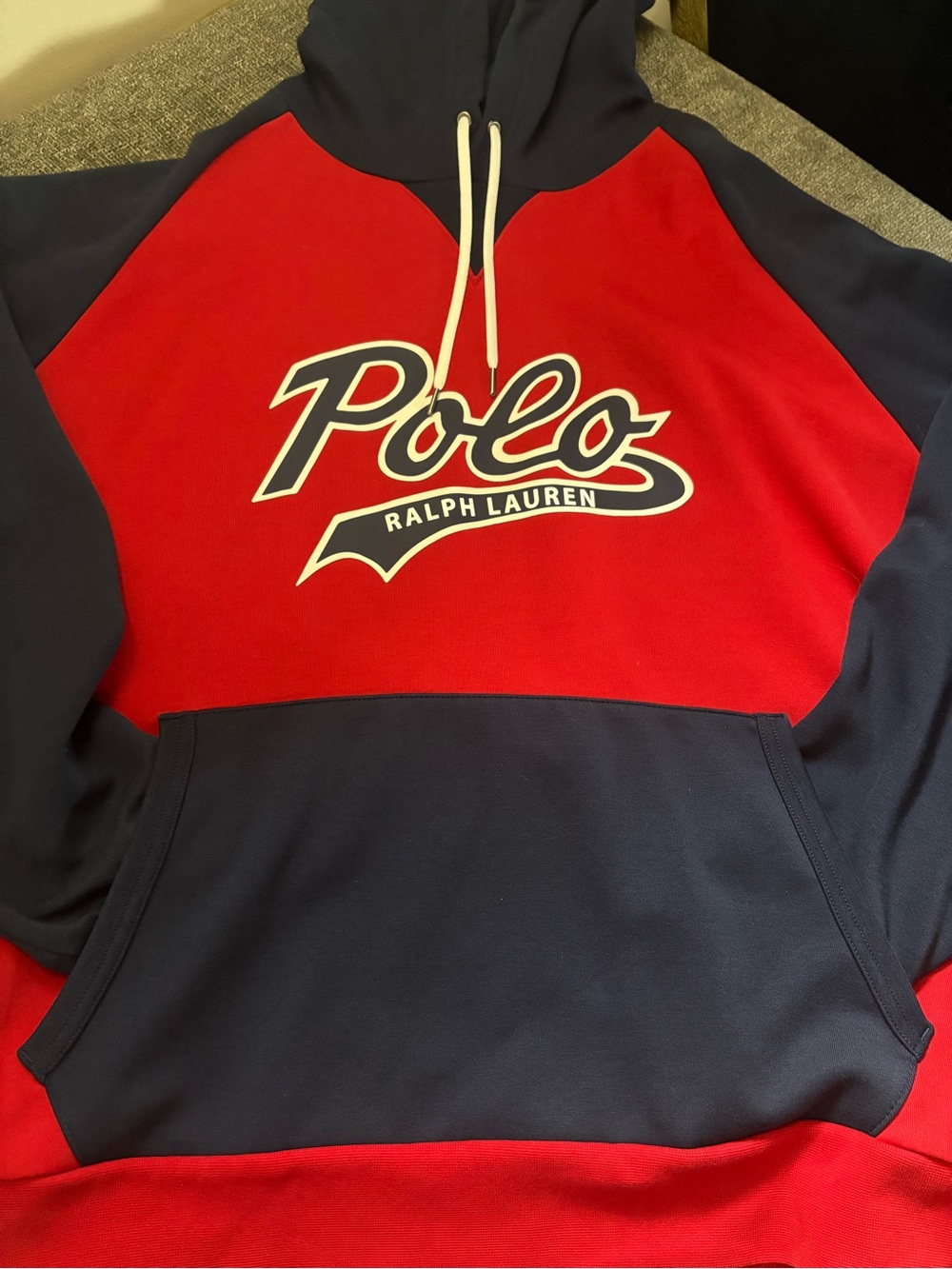 Ralph Lauren Red and Navy Polo Logo Crewneck Hoodie